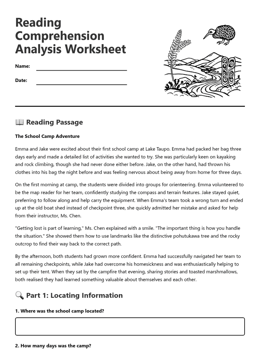 Reading Comprehension Analysis Worksheet
