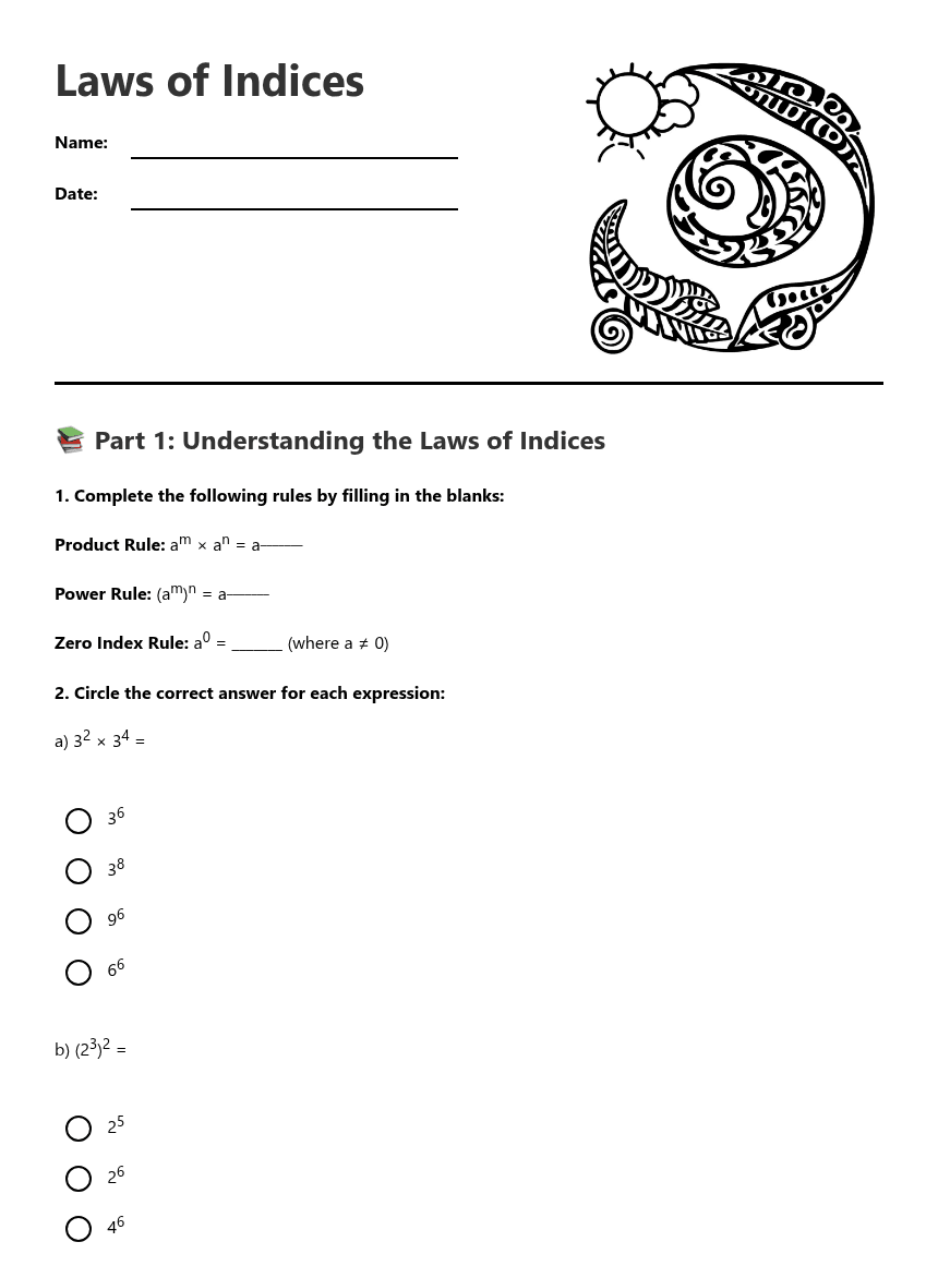 Laws of Indices worksheet preview