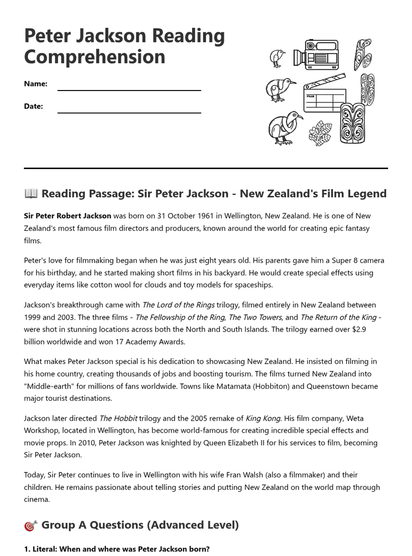 Peter Jackson Reading Comprehension