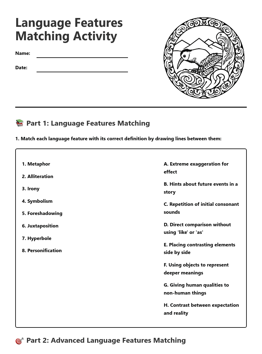 Language Features Matching Activity worksheet preview