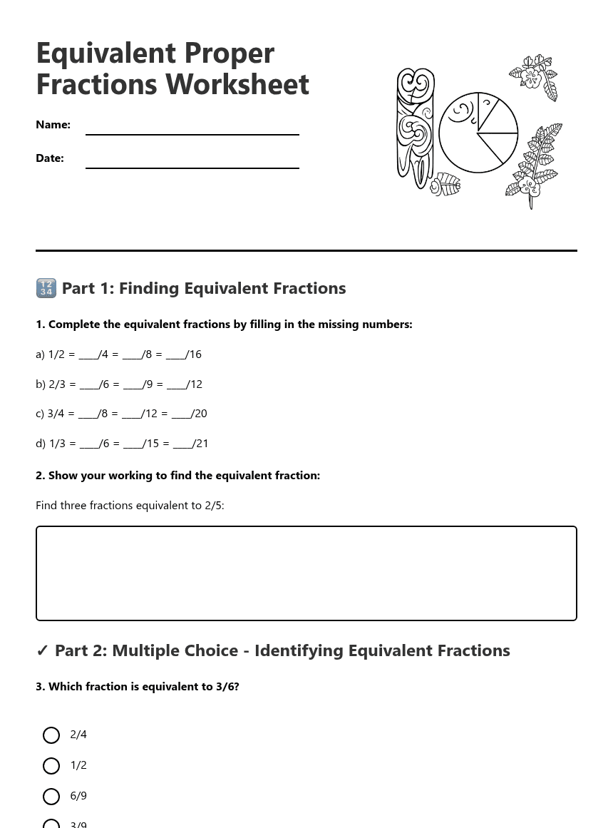 Equivalent Proper Fractions Worksheet worksheet preview