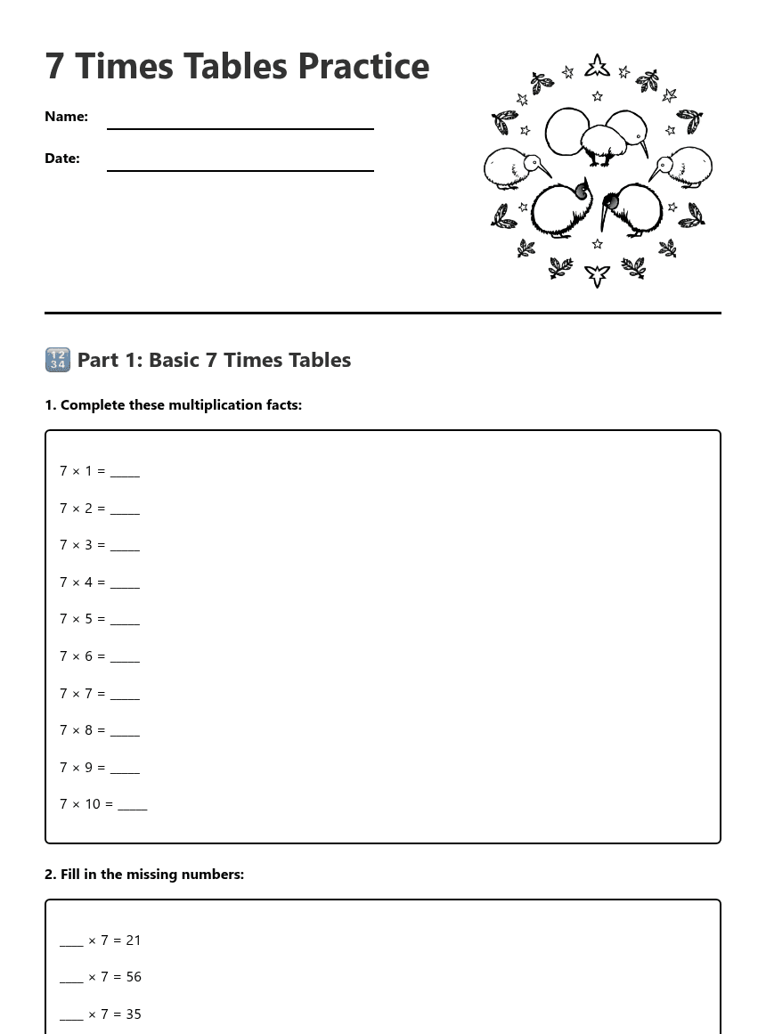 7 Times Tables Practice worksheet preview