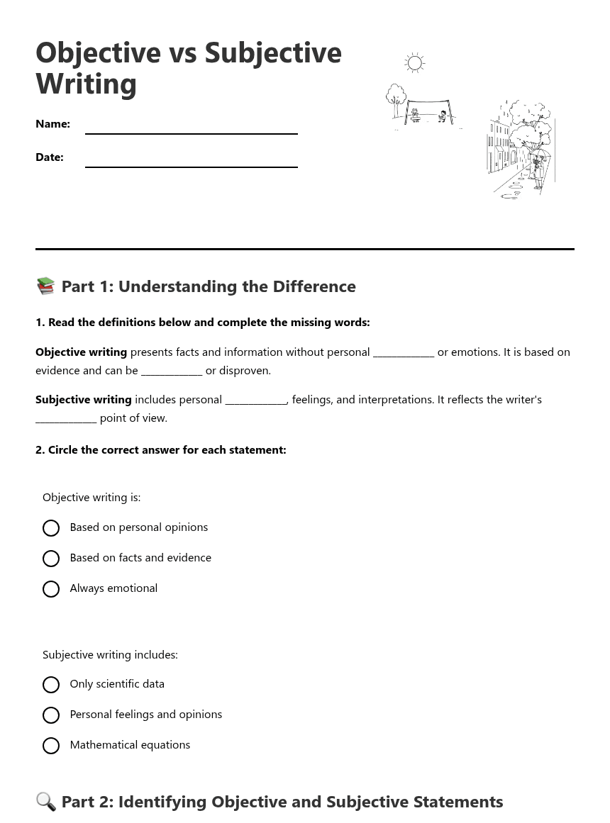 Objective vs Subjective Writing worksheet preview