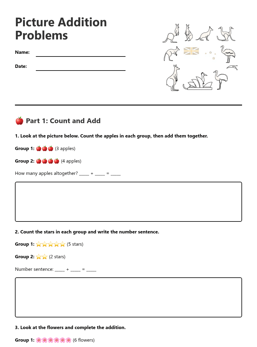 Picture Addition Problems worksheet preview