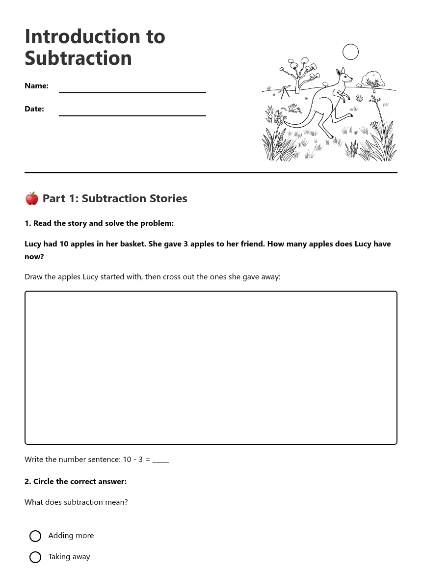 Introduction to Subtraction worksheet preview