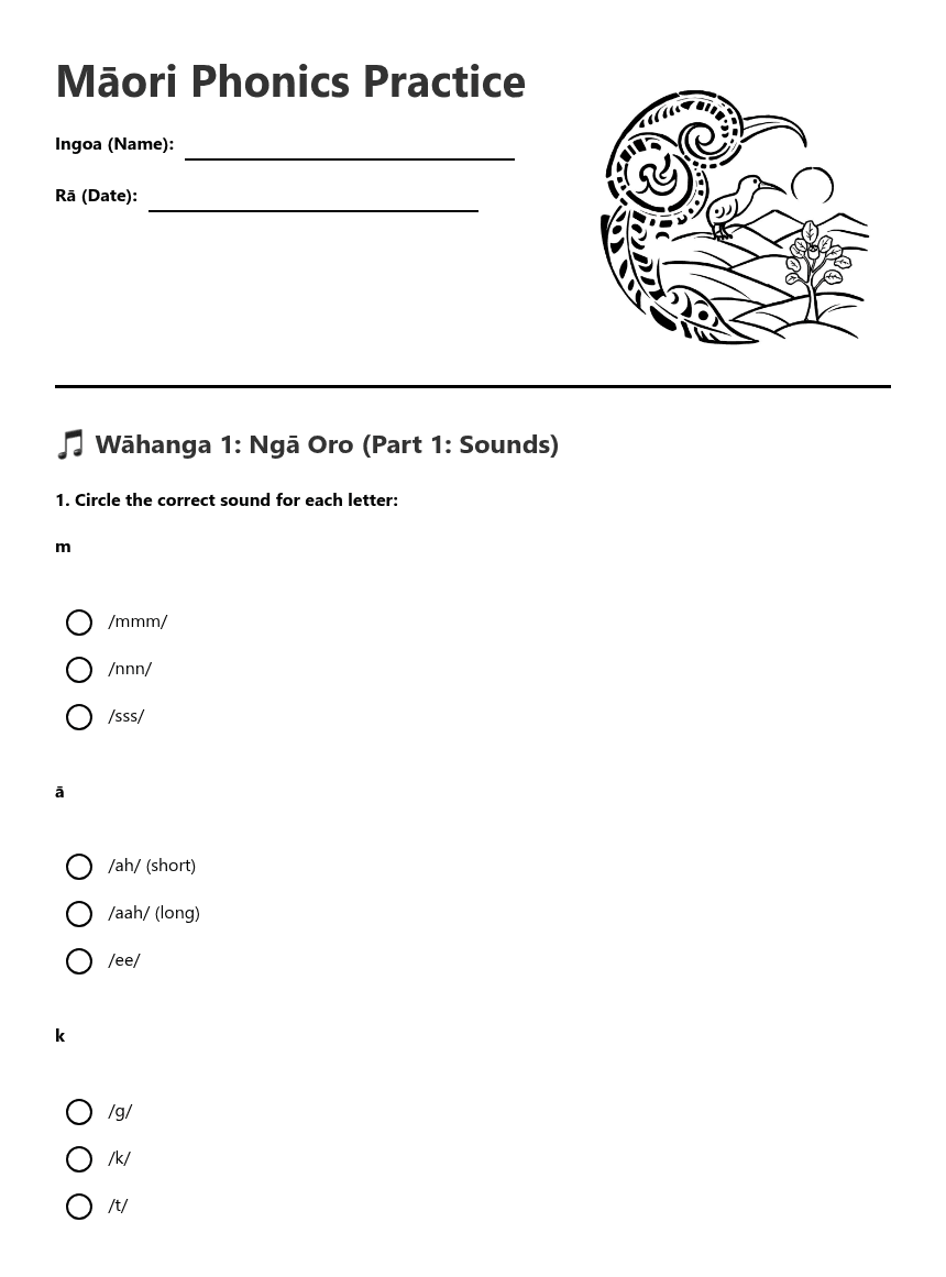 Māori Phonics Practice worksheet preview
