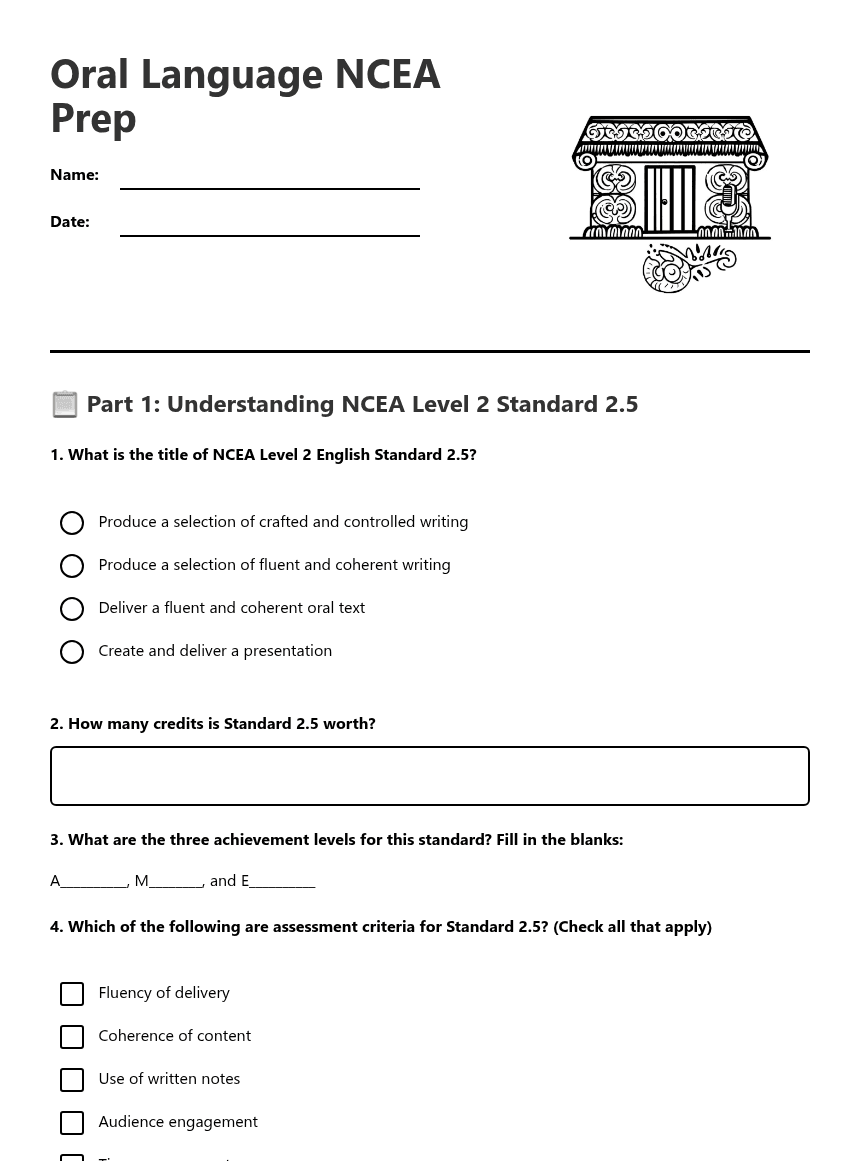 Oral Language NCEA Prep worksheet preview