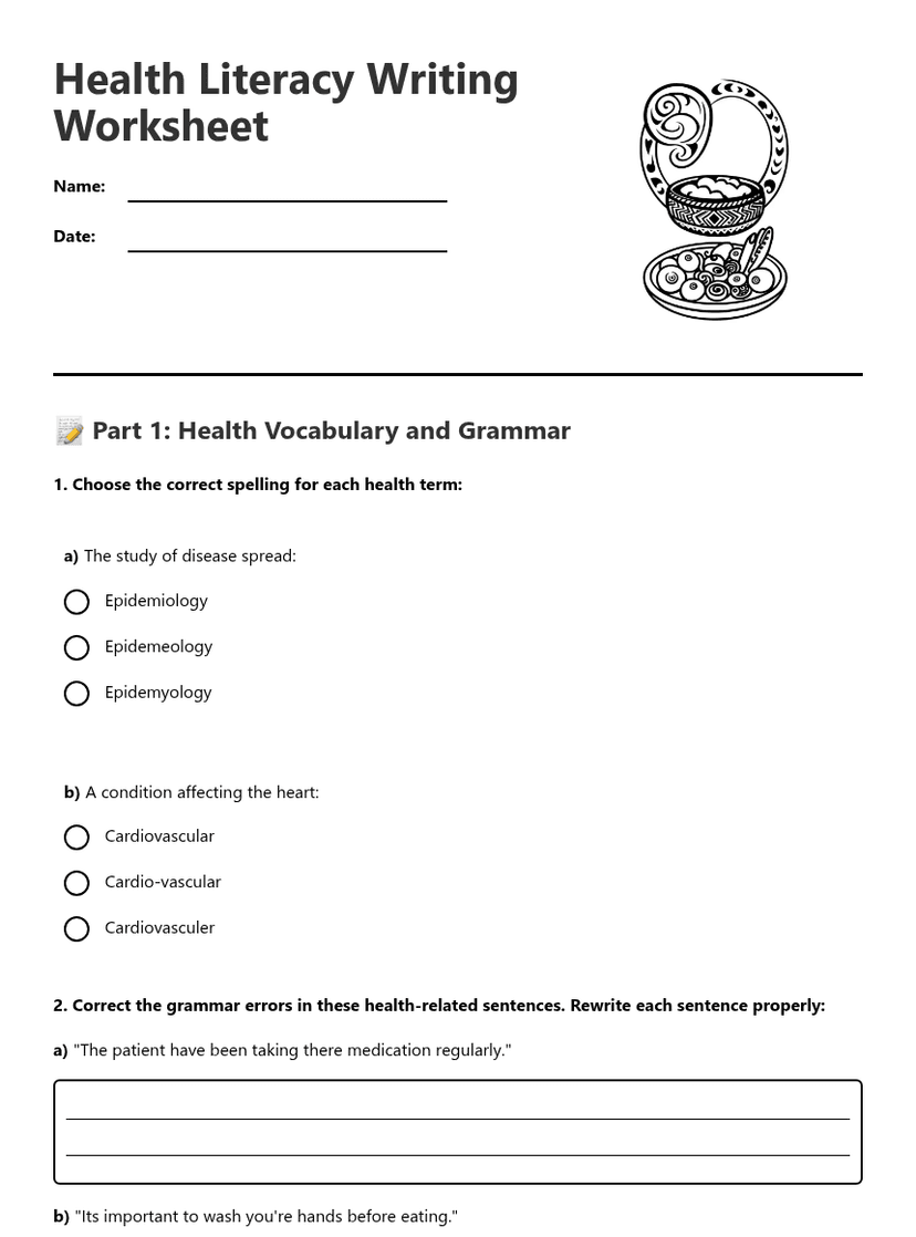 Health Literacy Writing Worksheet