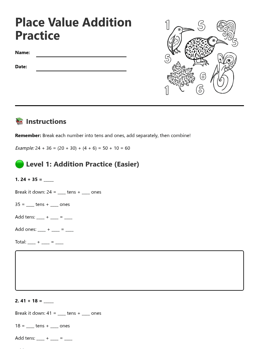 Place Value Addition Practice worksheet preview