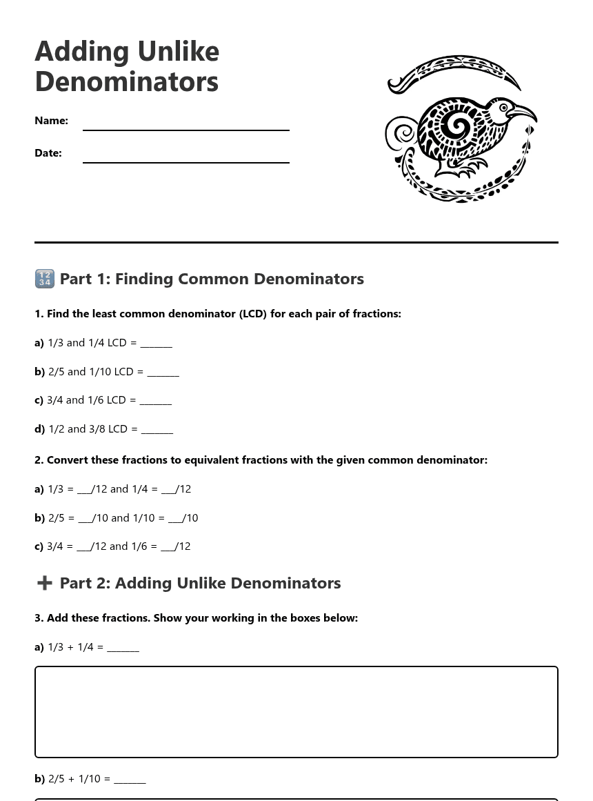 Adding Unlike Denominators worksheet preview