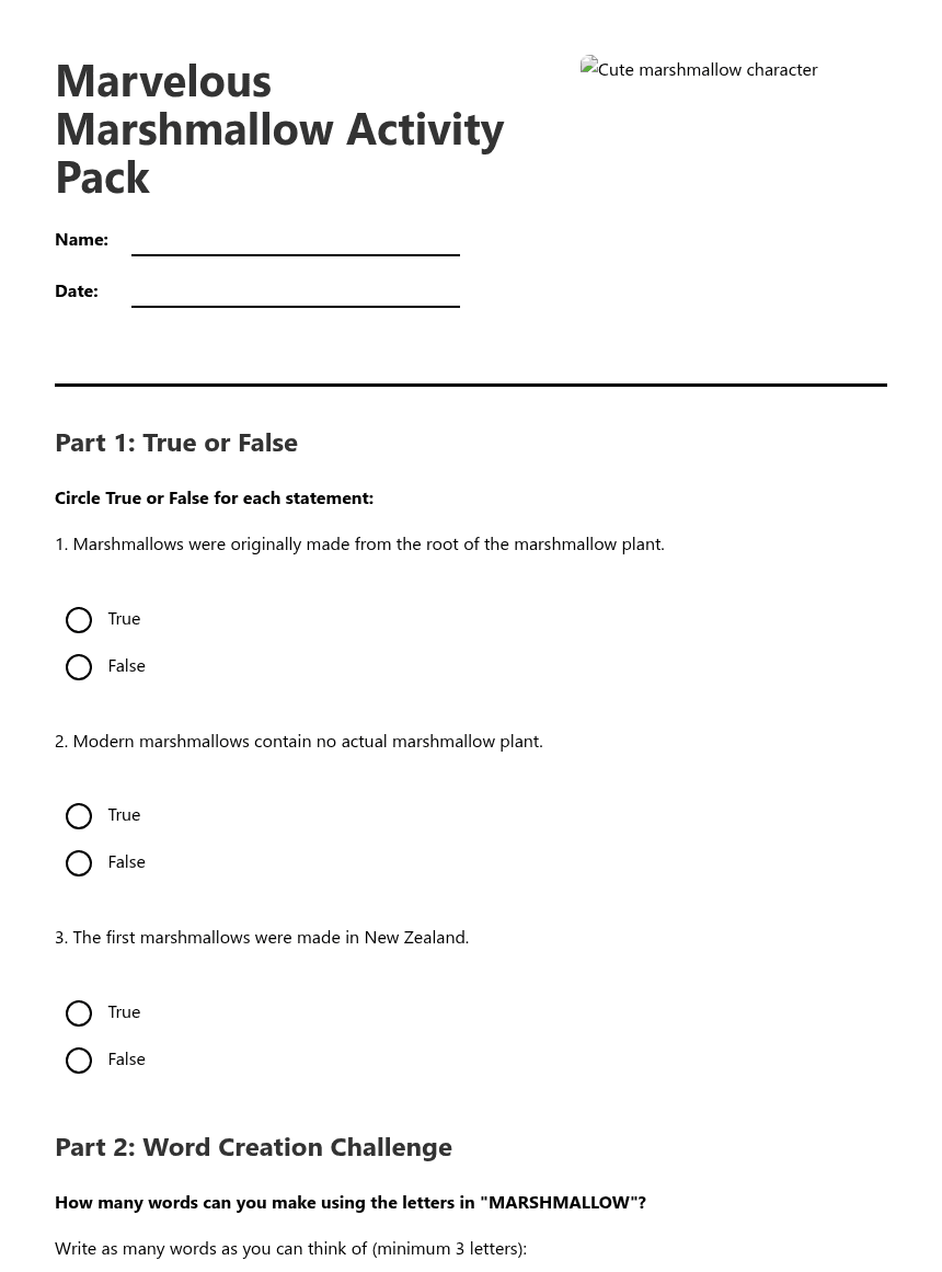 Marvelous Marshmallow Activity Pack worksheet preview