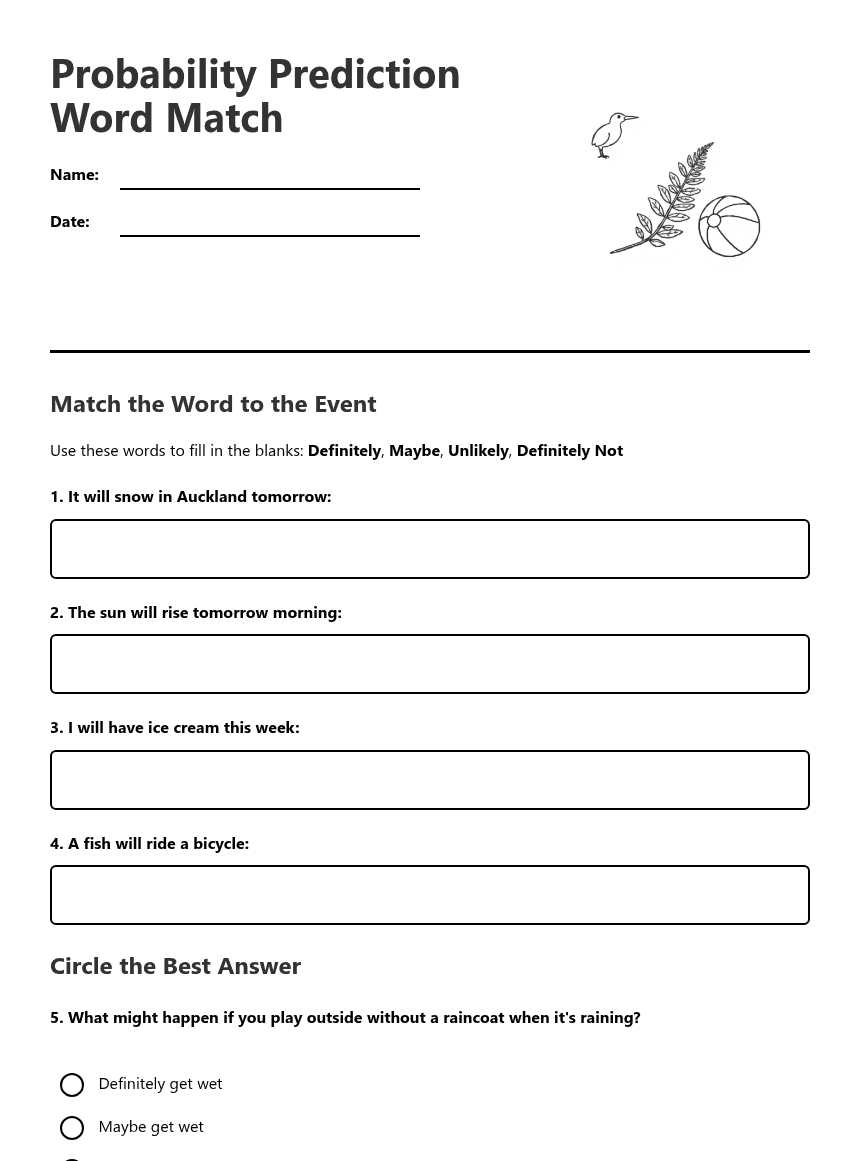 Probability Prediction Word Match worksheet preview