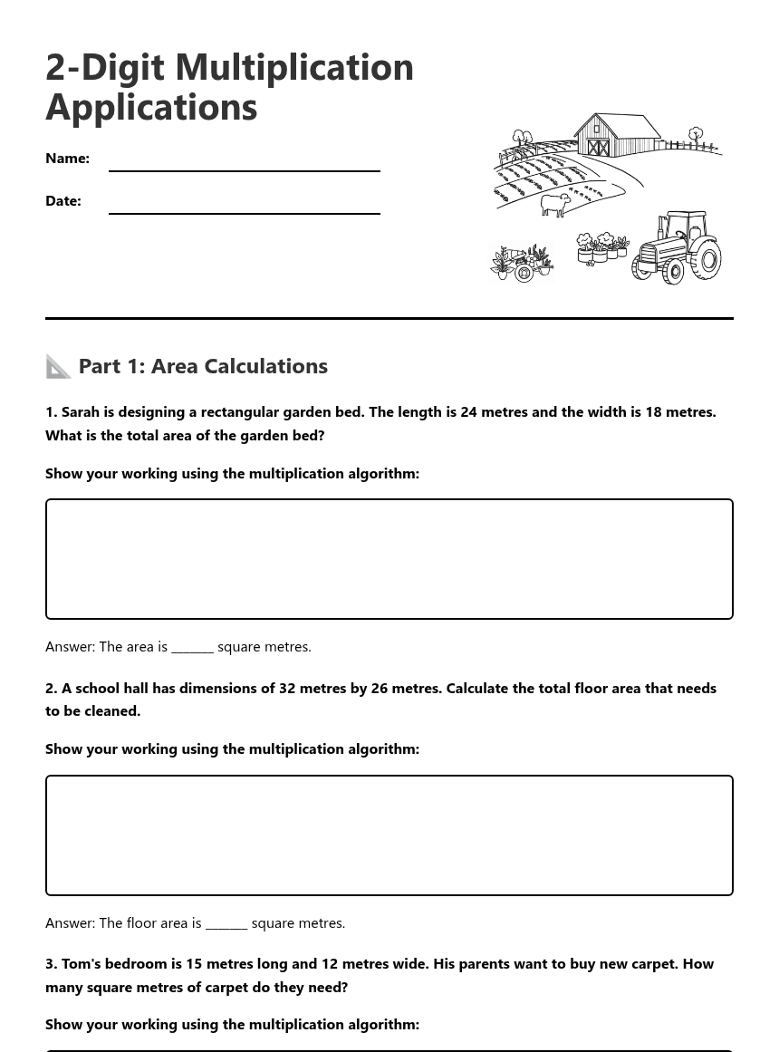 2-Digit Multiplication Applications worksheet preview