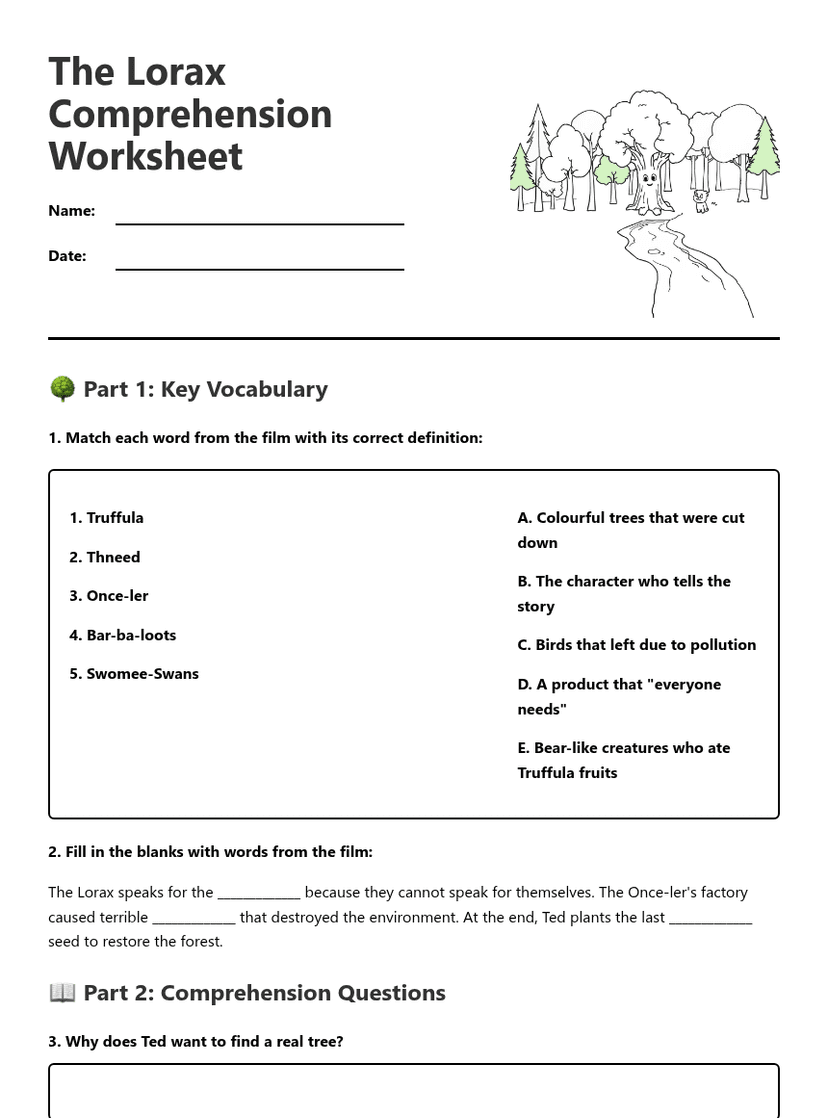 The Lorax Comprehension Worksheet