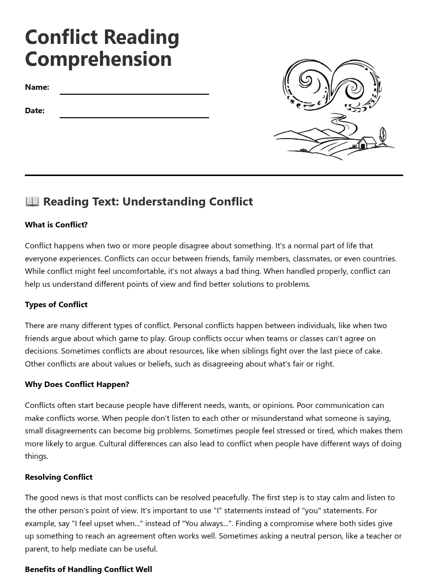 Conflict Reading Comprehension worksheet preview