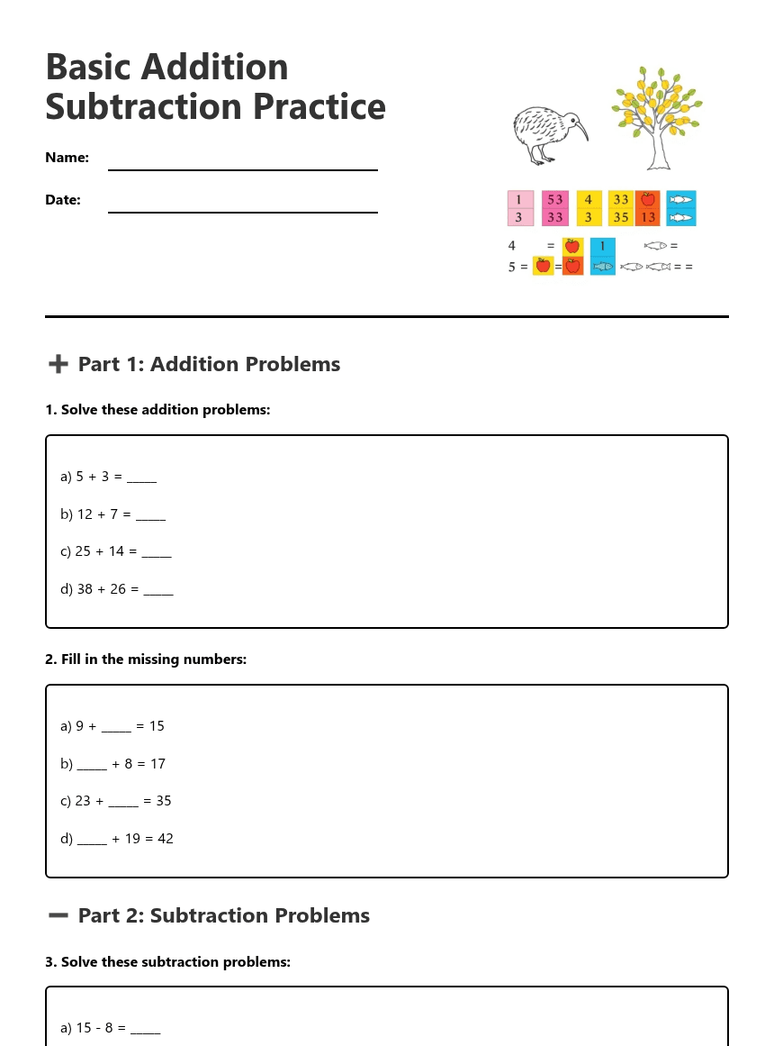 Basic Addition Subtraction Practice worksheet preview