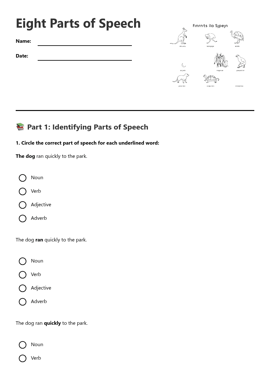 Eight Parts of Speech worksheet preview