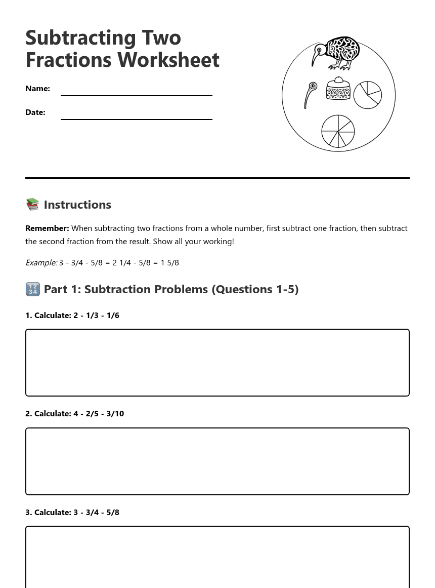 Subtracting Two Fractions Worksheet worksheet preview