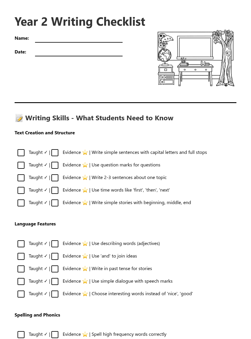 Year 2 Writing Checklist worksheet preview