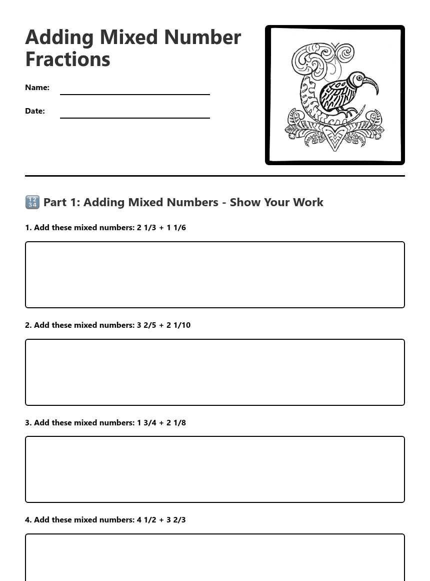 Adding Mixed Number Fractions worksheet preview