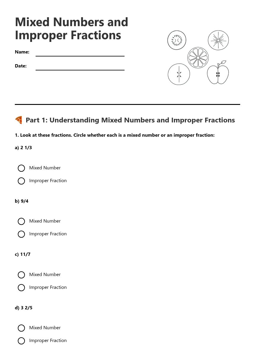 Mixed Numbers and Improper Fractions worksheet preview
