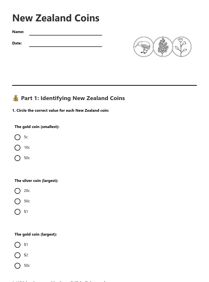 New Zealand Coins worksheet preview