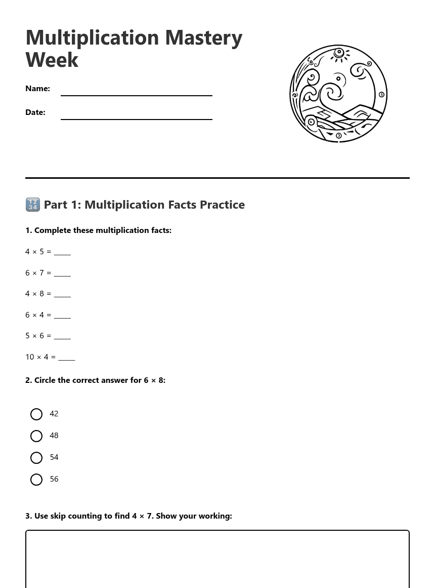 Multiplication Mastery Week worksheet preview