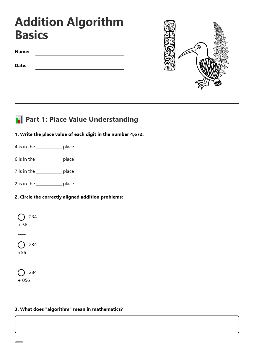 Addition Algorithm Basics worksheet preview