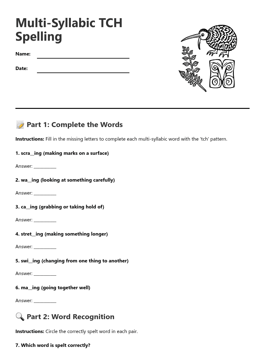 Multi-Syllabic TCH Spelling worksheet preview