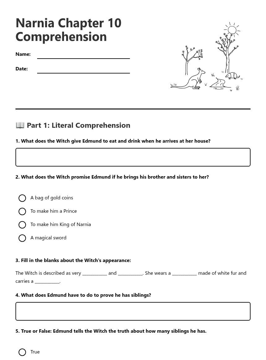 Narnia Chapter 10 Comprehension worksheet preview