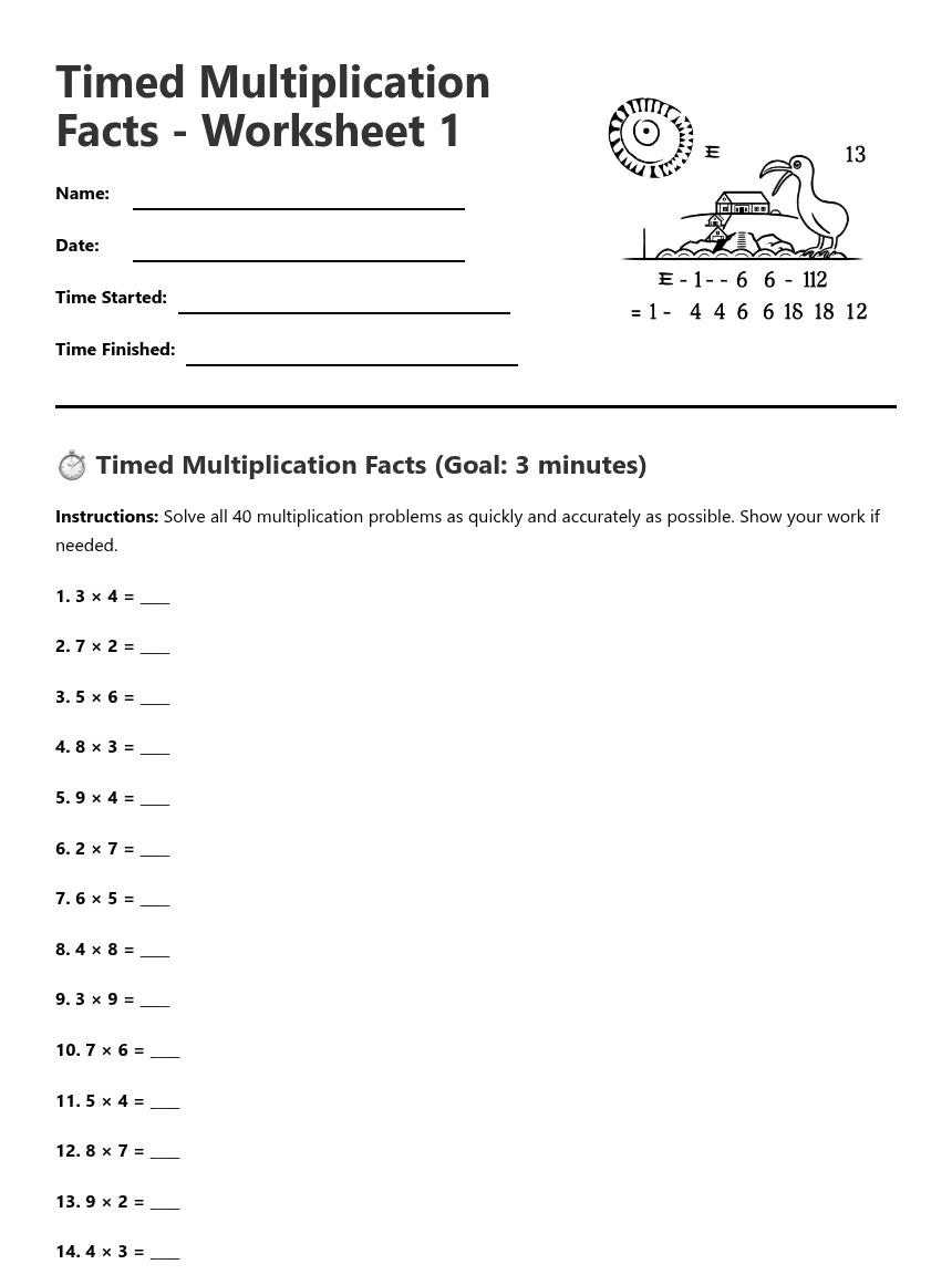 Timed Multiplication Facts Worksheets worksheet preview