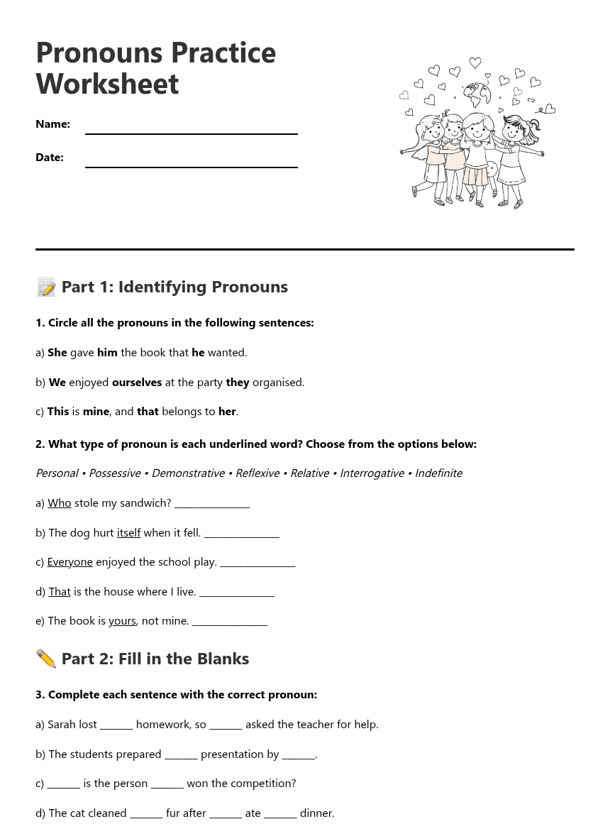 Pronouns Practice Worksheet worksheet preview