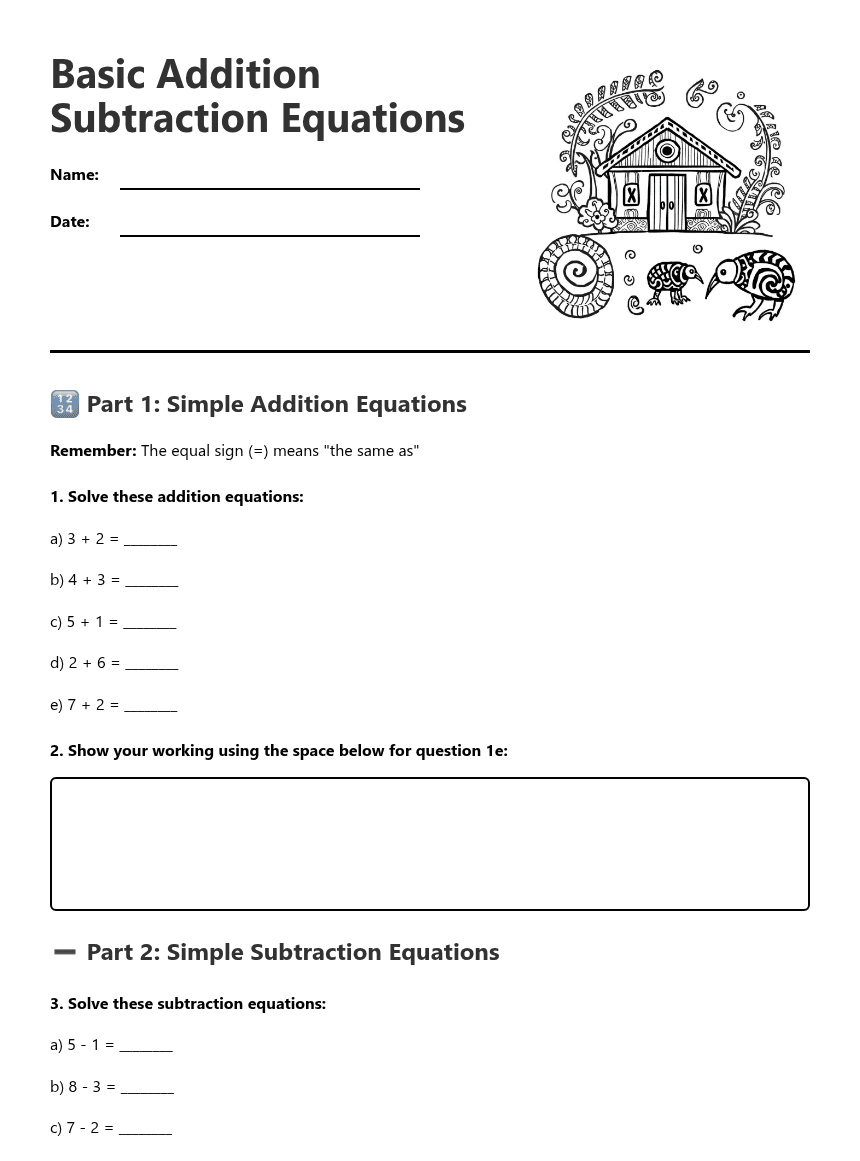 Basic Addition Subtraction Equations worksheet preview
