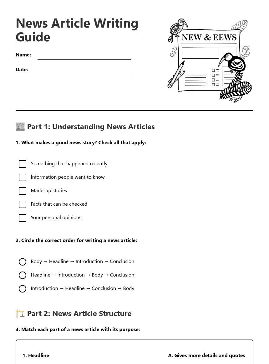 News Article Writing Guide worksheet preview