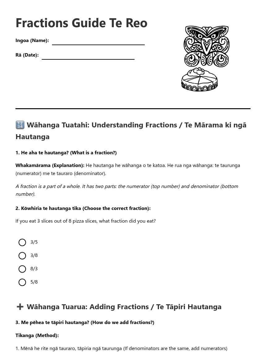 Fractions Guide Te Reo worksheet preview