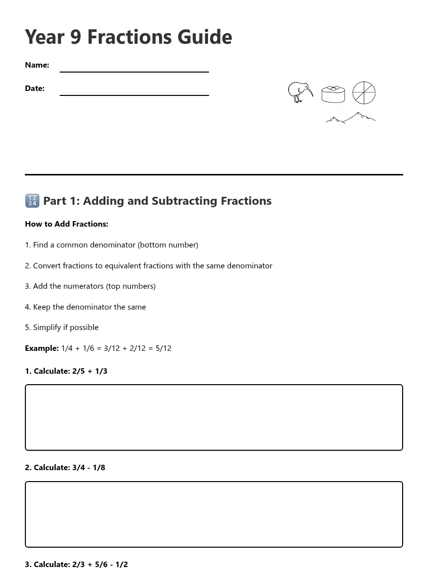 Year 9 Fractions Guide worksheet preview