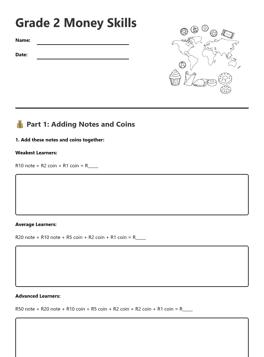Grade 2 Money Skills worksheet preview