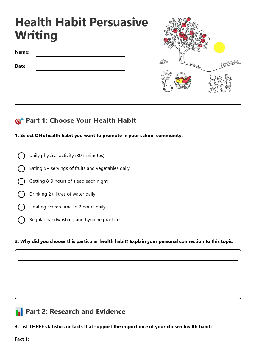 Health Habit Persuasive Writing worksheet preview