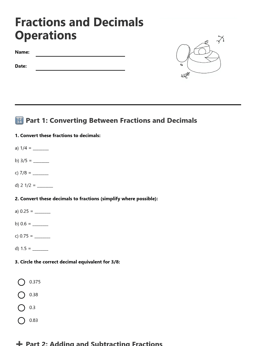 Fractions and Decimals Operations worksheet preview