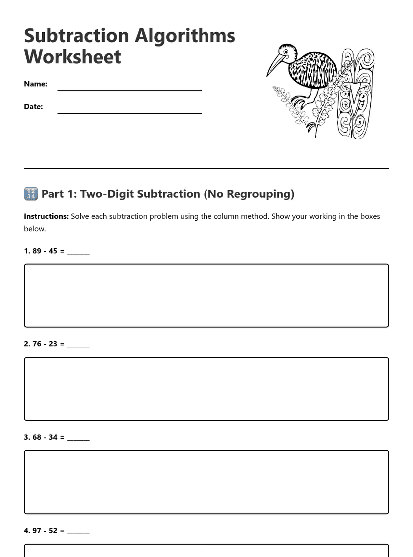Subtraction Algorithms Worksheet