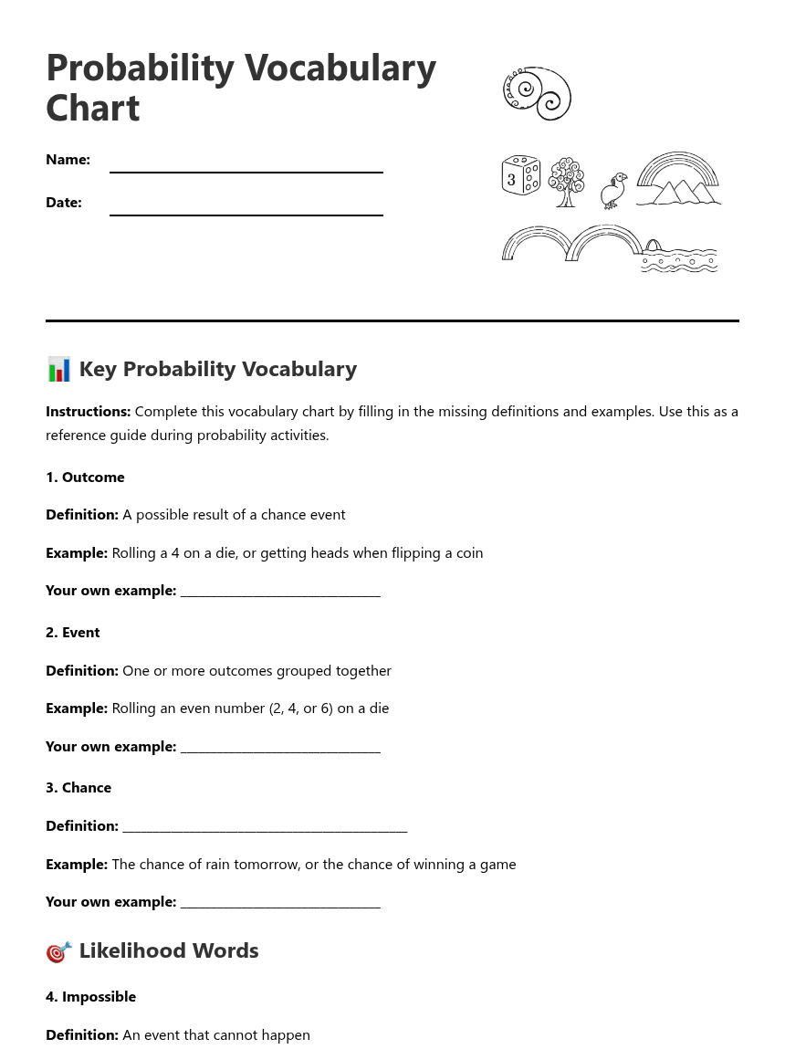 Probability Vocabulary Chart worksheet preview