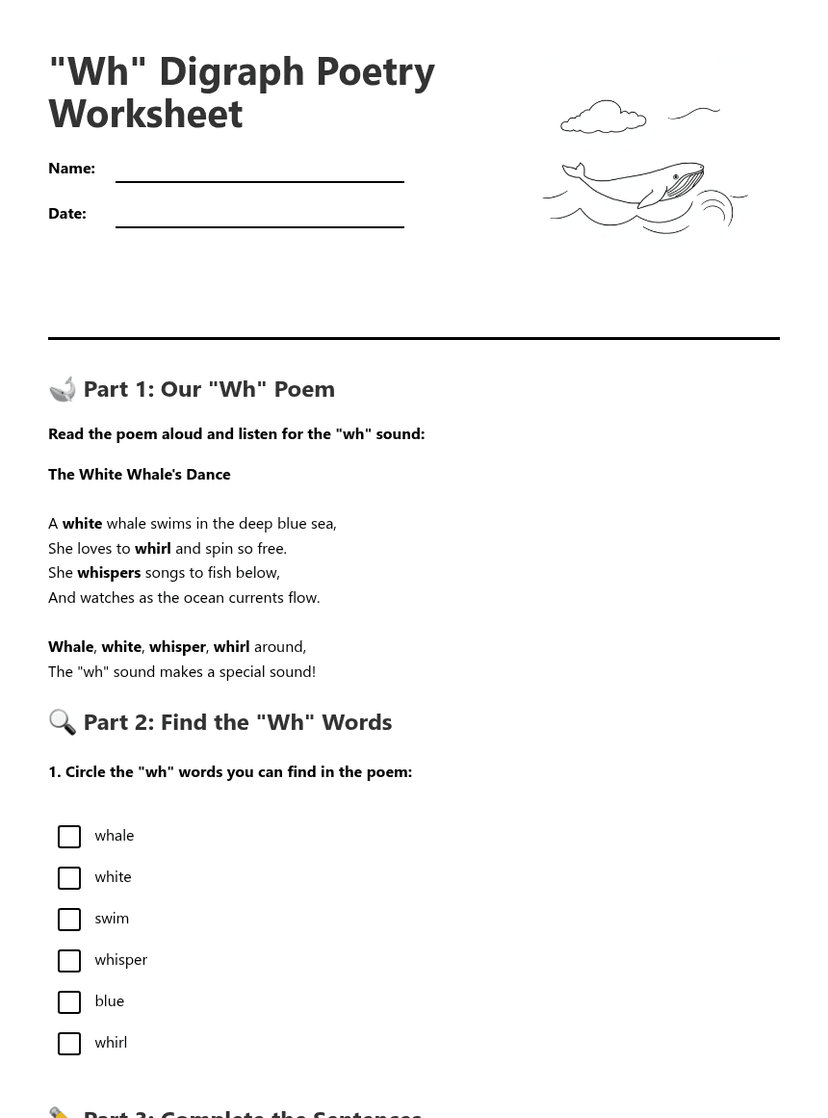 "Wh" Digraph Poetry Worksheet