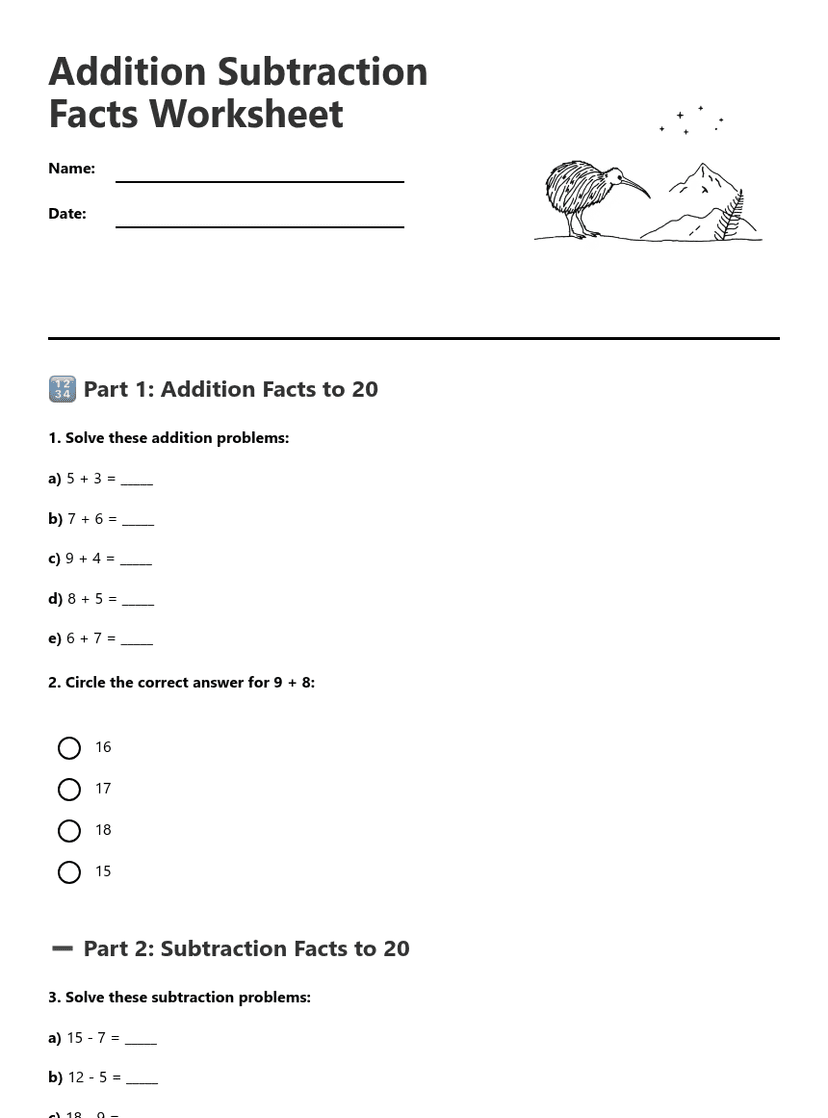 Addition Subtraction Facts Worksheet
