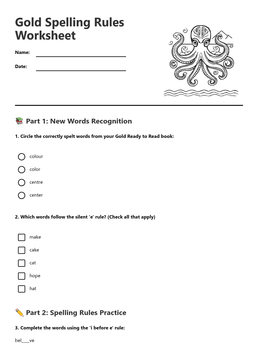 Gold Spelling Rules Worksheet worksheet preview