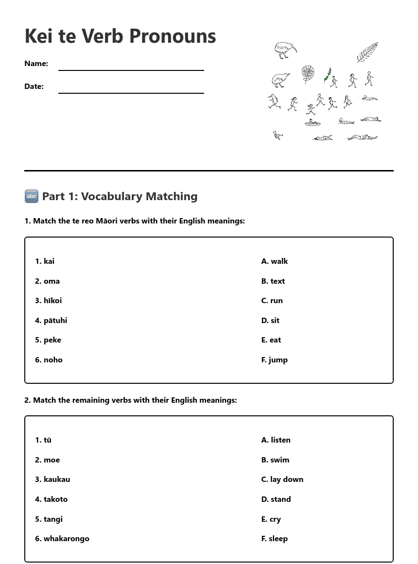 Kei te Verb Pronouns worksheet preview