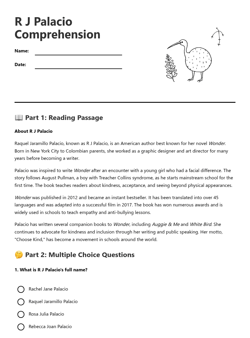 R J Palacio Comprehension worksheet preview
