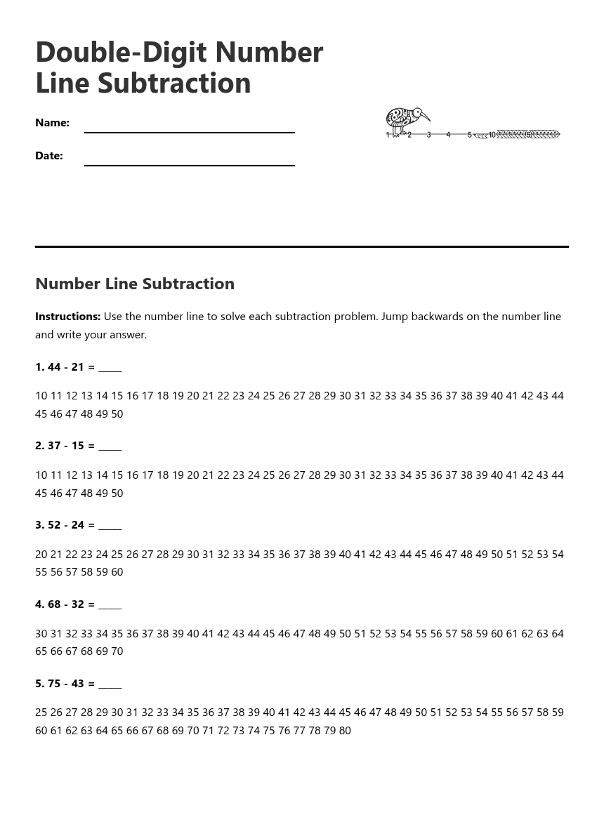 Double-Digit Number Line Subtraction worksheet preview