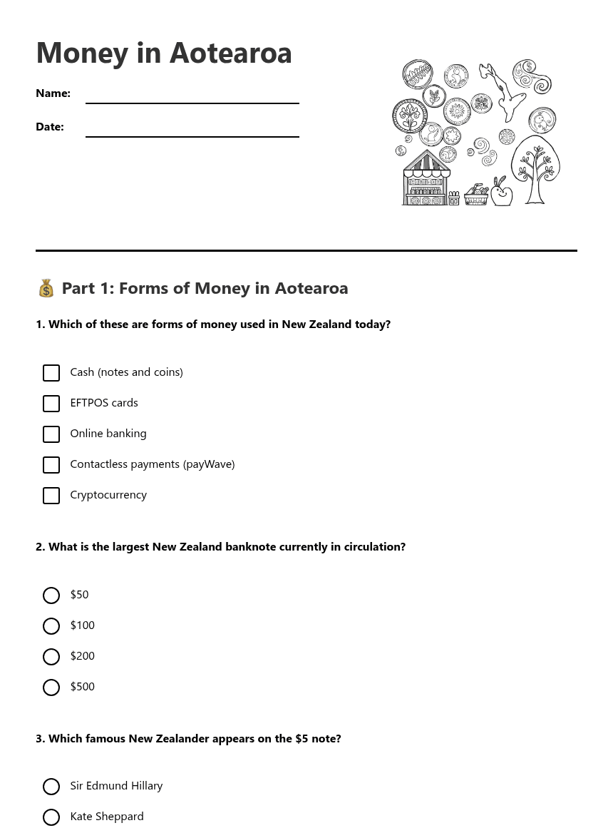 Money in Aotearoa worksheet preview