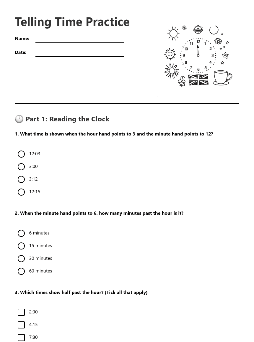 Telling Time Practice worksheet preview
