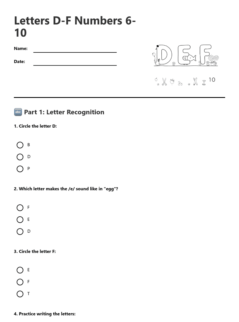 Letters D-F Numbers 6-10